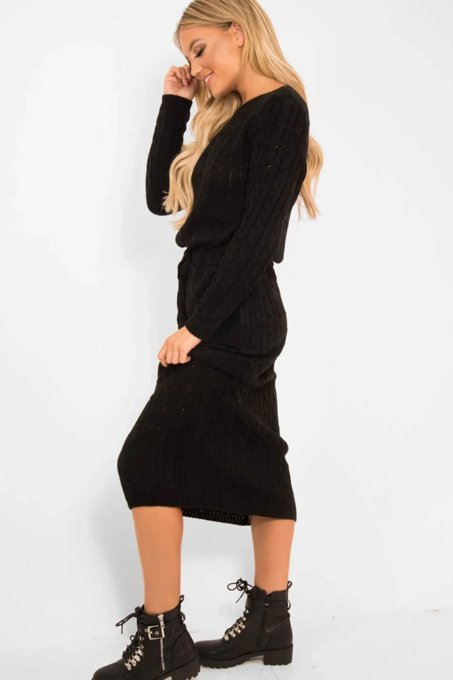 Rebellious Fashion Black Cable Knit Drawstring Waist Dress - Rhea