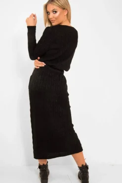 Rebellious Fashion Black Cable Knit Drawstring Waist Dress - Rhea