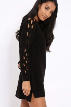 Rebellious Fashion Black Cable Knit Jumper Dress with Cut out Detail - Daysie