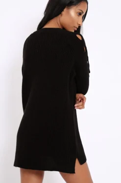 Rebellious Fashion Black Cable Knit Jumper Dress with Cut out Detail - Daysie