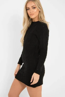 Rebellious Fashion Black Cable Knit Jumper Midi Dress - Jaylie