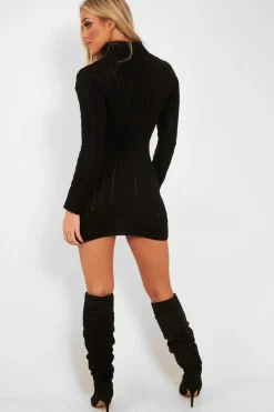 Rebellious Fashion Black Cable Knit Roll Neck Jumper Dress - Matilda
