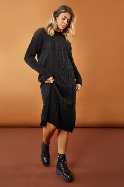 Rebellious Fashion Black Cabled Knit Oversized Midi Dress - Susan
