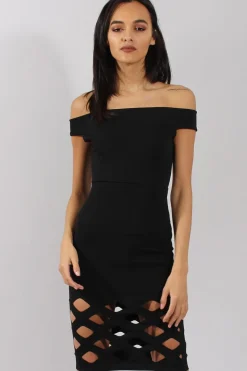 Rebellious Fashion Black Cage Cut Bardot Midi Dress - Cady