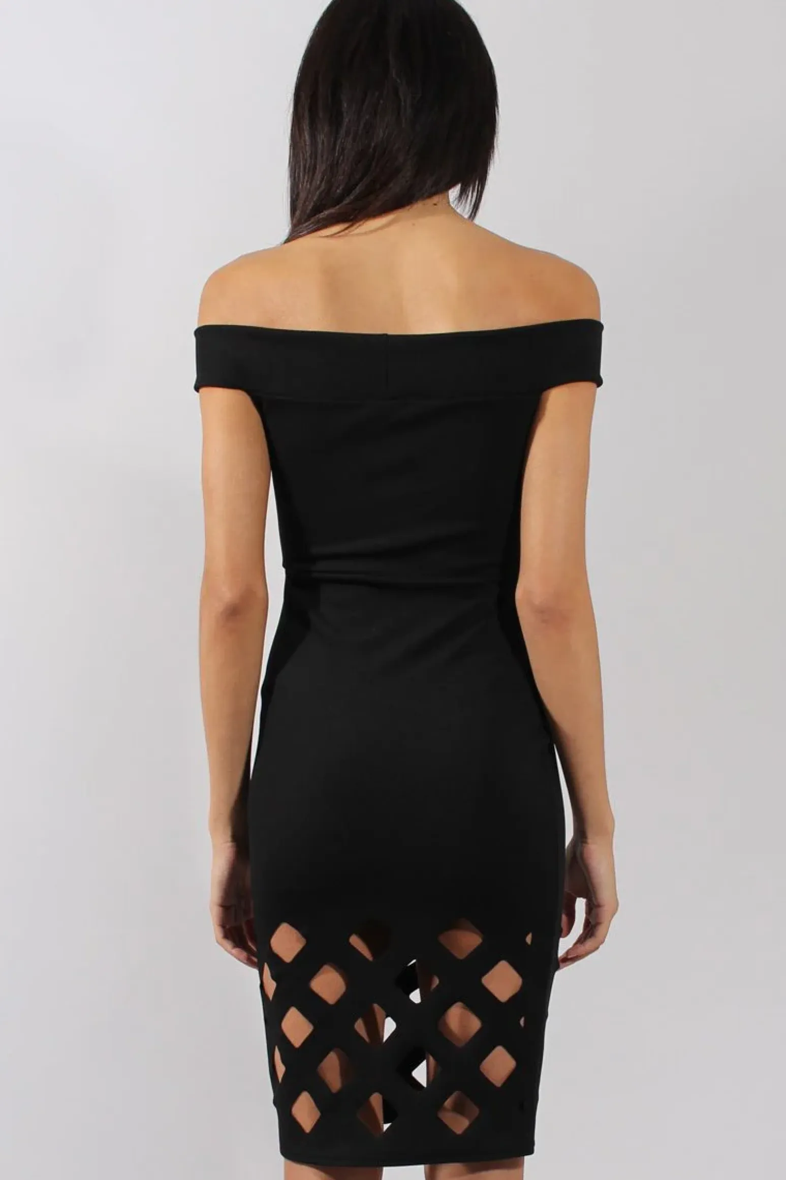 Rebellious Fashion Black Cage Cut Bardot Midi Dress - Cady
