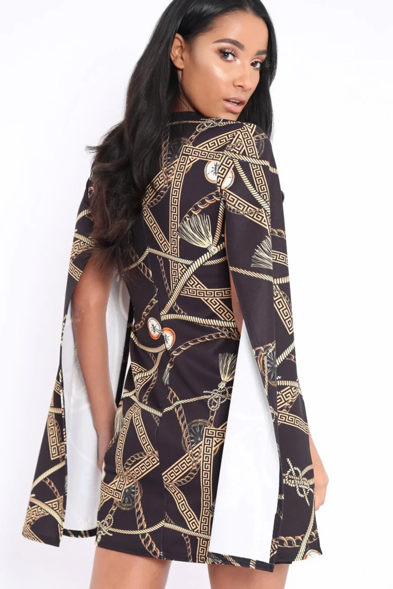 Rebellious Fashion Black Chain Blazer Cape Dress - Nirvi