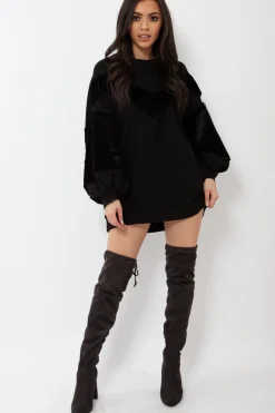 Rebellious Fashion Black Chevron Fur Jumper Dress - Esme