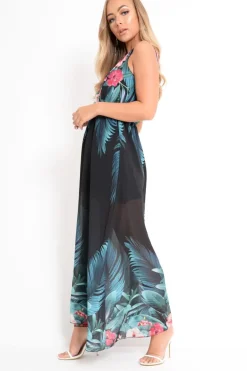 Rebellious Fashion Black Chiffon Leaf Print Plunge Maxi Dress - Marlin