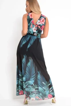 Rebellious Fashion Black Chiffon Leaf Print Plunge Maxi Dress - Marlin