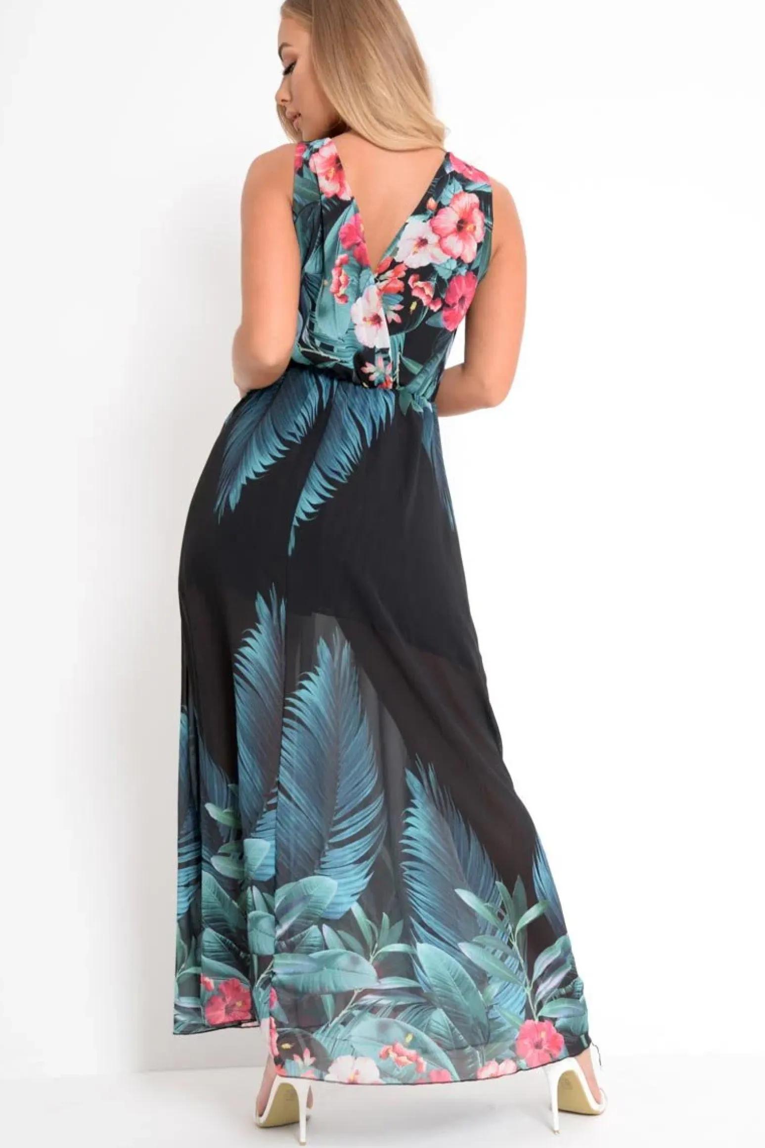 Rebellious Fashion Black Chiffon Leaf Print Plunge Maxi Dress - Marlin