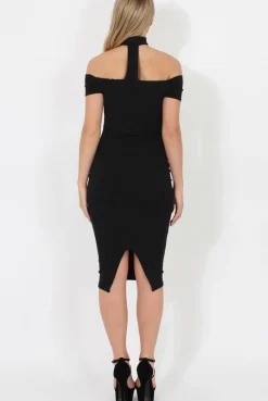 Rebellious Fashion Black Choker Bardot Bodycon Dress - Thea