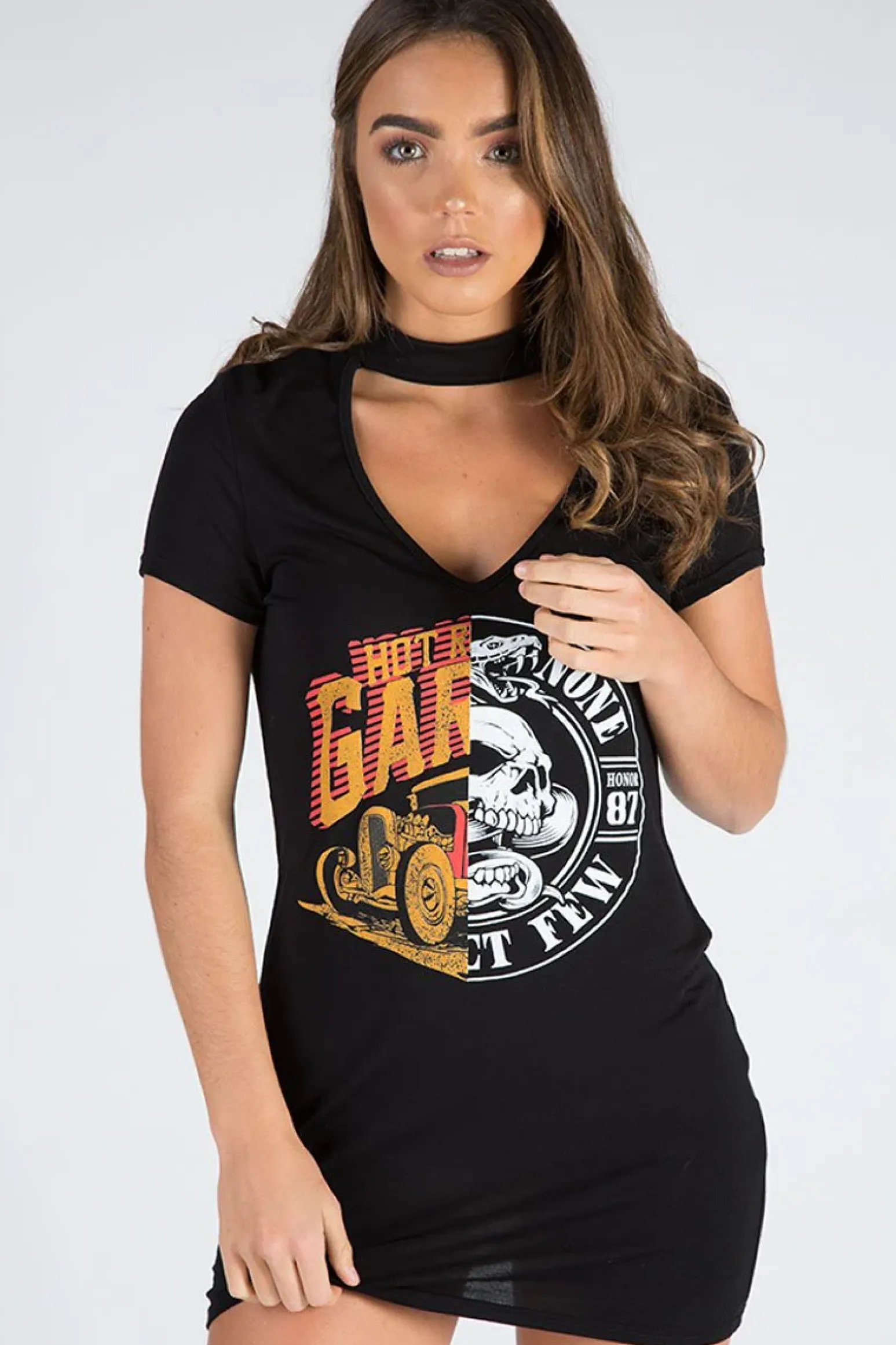 Rebellious Fashion Black Choker Neck Cut Out Slogan T-Shirt Dress - Sophie