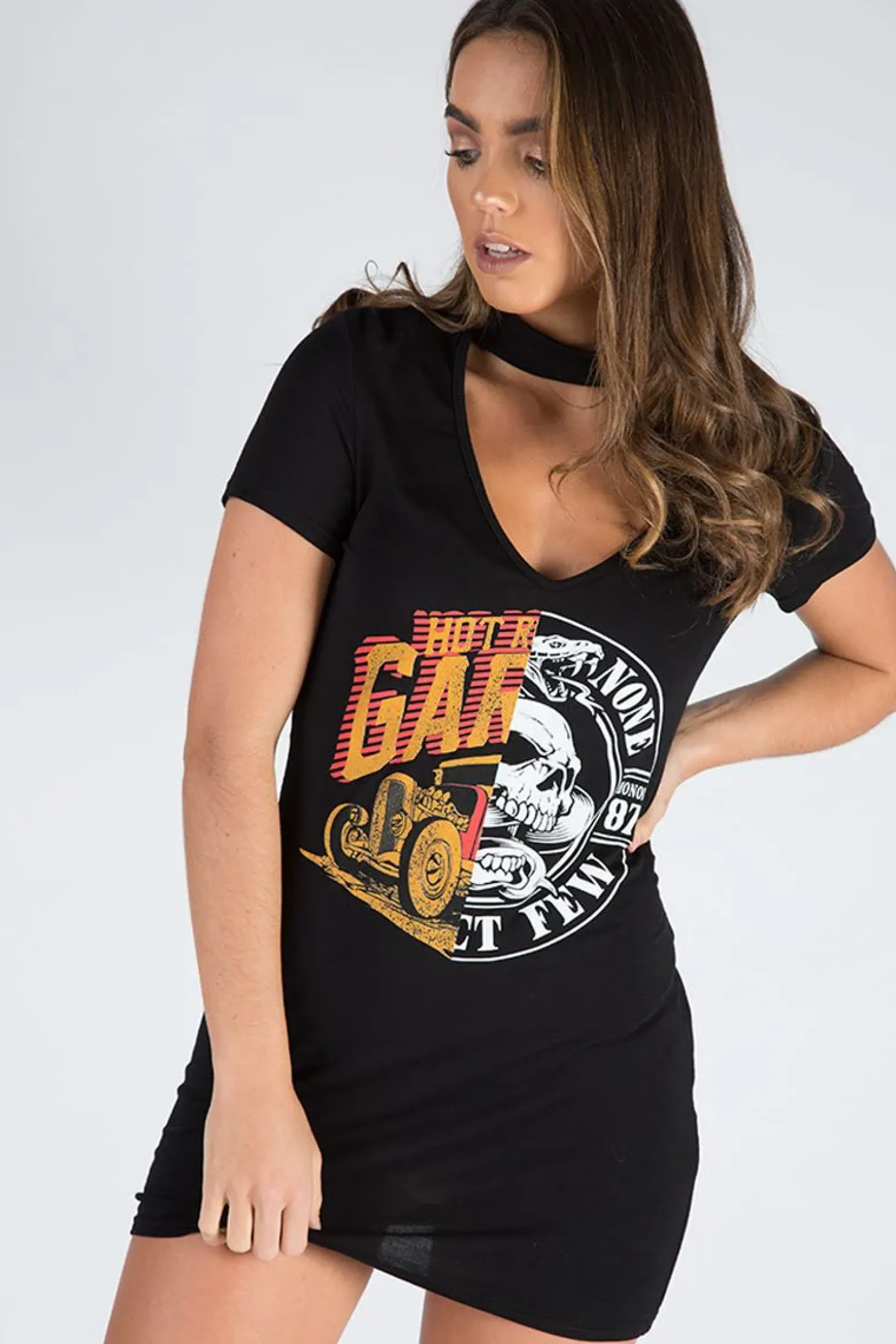 Rebellious Fashion Black Choker Neck Cut Out Slogan T-Shirt Dress - Sophie