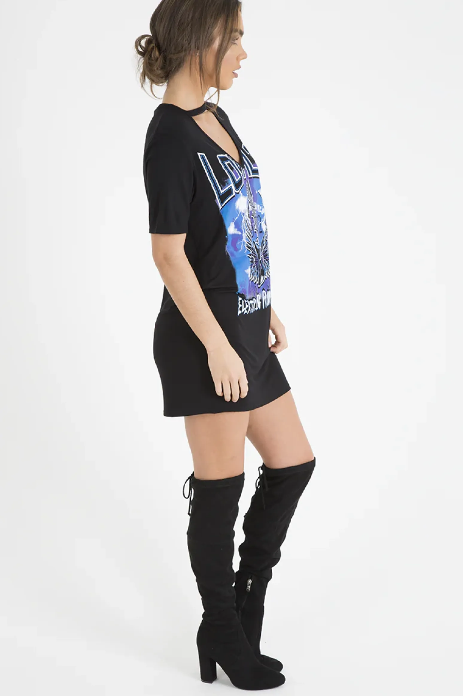 Rebellious Fashion Black Choker Neck Loyalty T-shirt Dress - Una