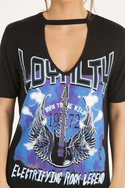 Rebellious Fashion Black Choker Neck Loyalty T-shirt Dress - Una