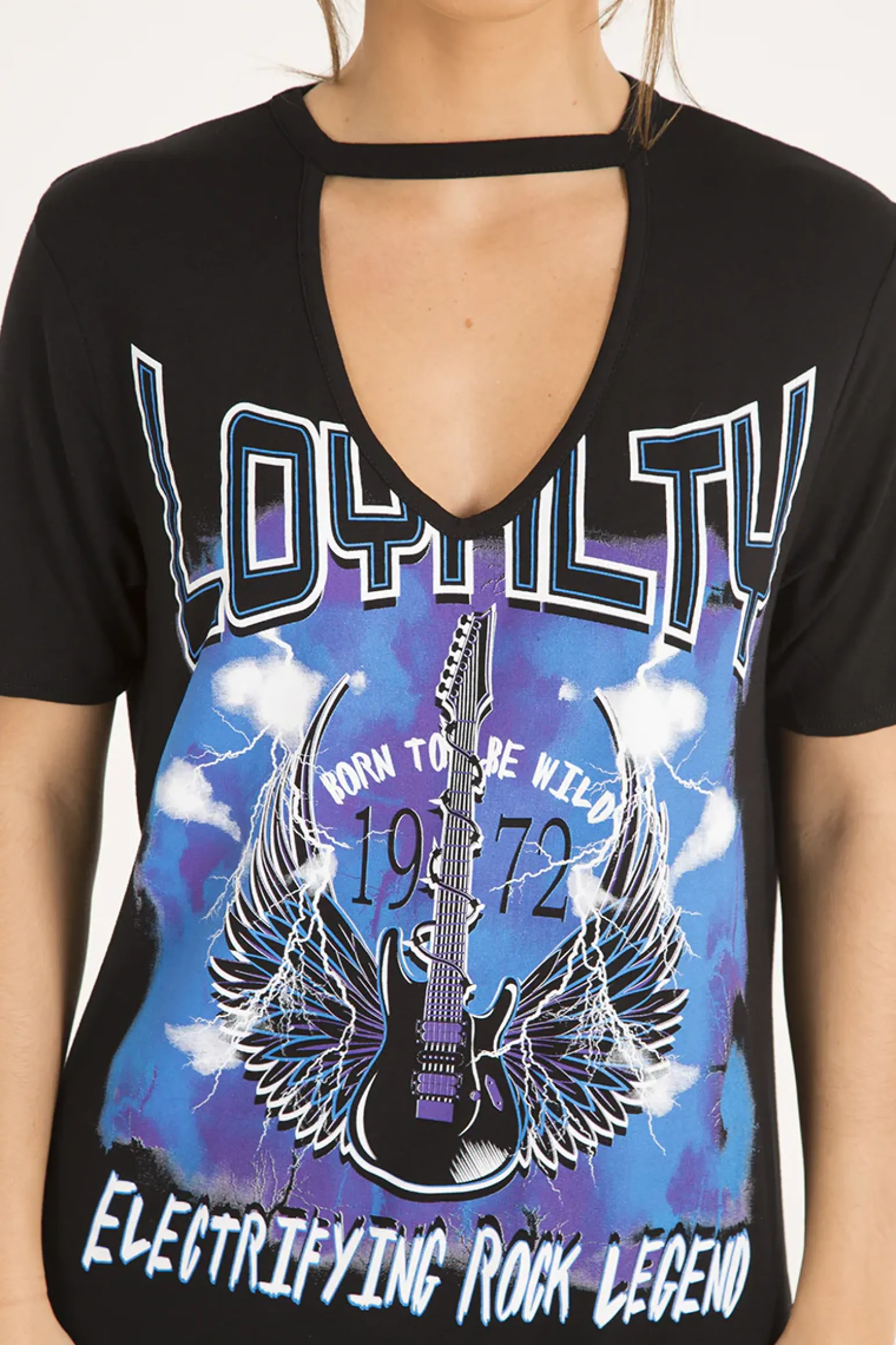 Rebellious Fashion Black Choker Neck Loyalty T-shirt Dress - Una