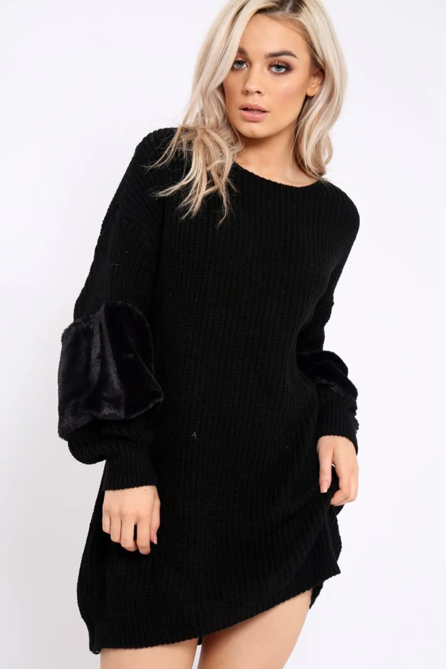 Rebellious Fashion Black Chunky Knit Fur Sleeve Jumper Dress - Jaycee