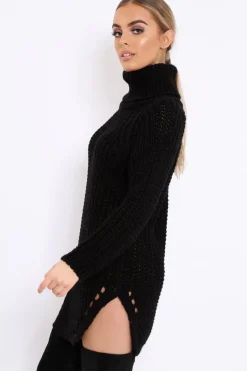 Rebellious Fashion Black Chunky Knit Roll Neck Cut Out Hem Jumper Dress - Catalina