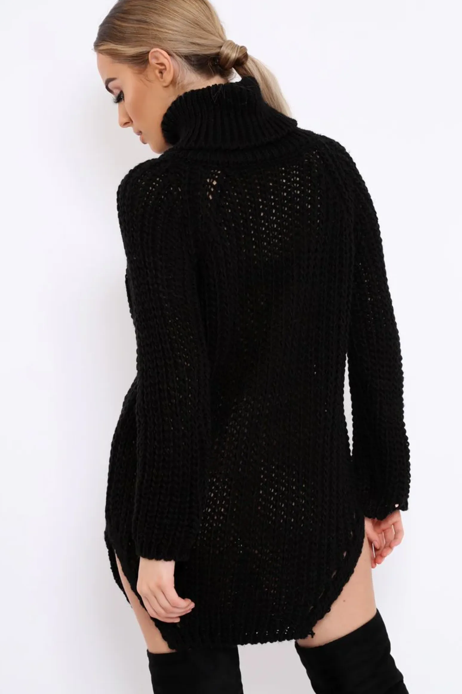 Rebellious Fashion Black Chunky Knit Roll Neck Cut Out Hem Jumper Dress - Catalina