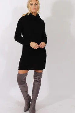 Rebellious Fashion Black Chunky Turtleneck Knit Jumper Dress - Cloe