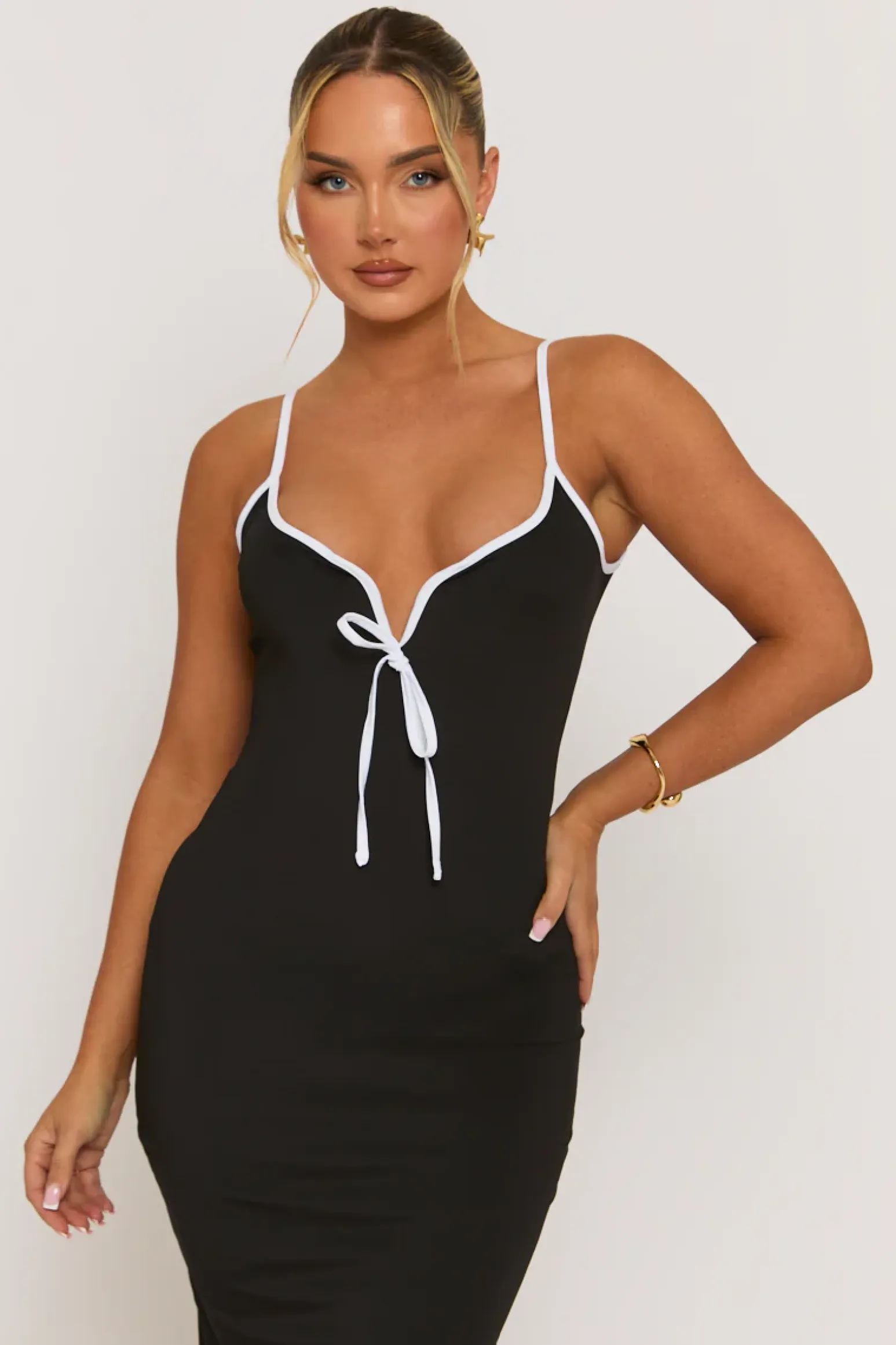 Rebellious Fashion Black Contrast Edge Bodycon Midaxi Dress - Fedora