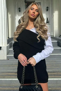 Rebellious Fashion Black Contrast Knit Oversized Mini Dress - Mae