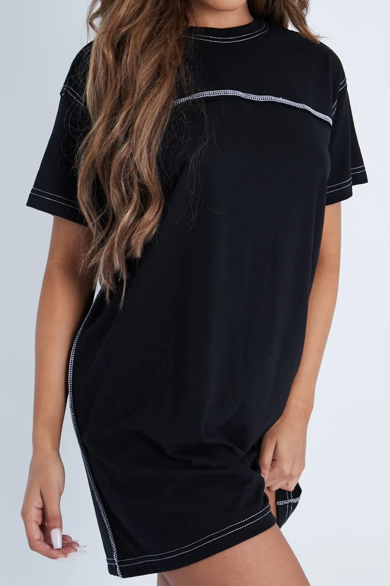Rebellious Fashion Black Contrast Stitch T-Shirt Dress - Mari