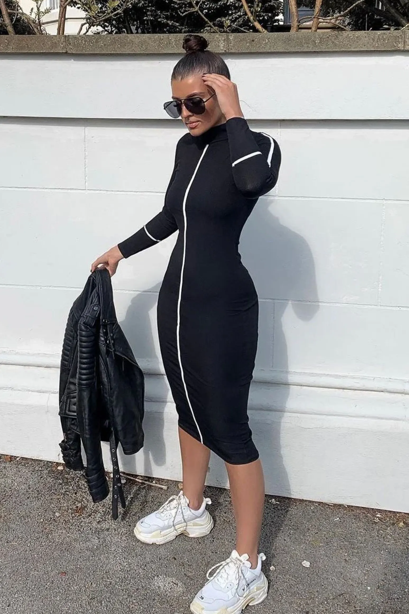 Rebellious Fashion Black Contrast Stripe Detail High Neck Midi Dress - Niana