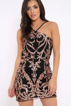 Rebellious Fashion Black Copper Sequin Halter Neck Mini Dress - Emily