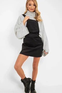 Rebellious Fashion Black Corduroy Pinafore Dungaree Dress - Ayona