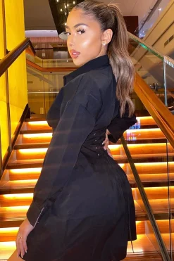 Rebellious Fashion Black Corset Back Tailored Shirt Dress - Damoni