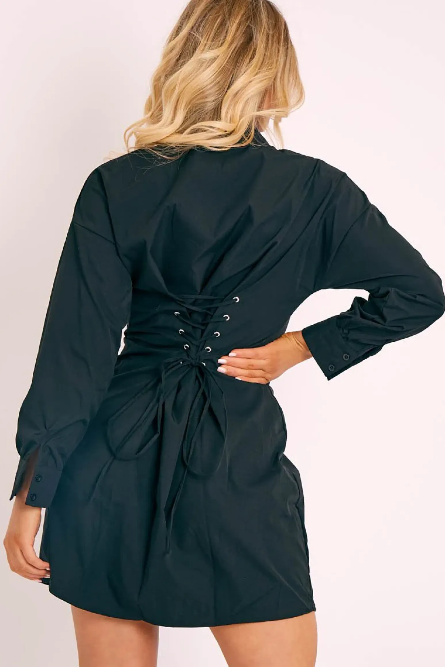 Rebellious Fashion Black Corset Back Tailored Shirt Dress - Damoni