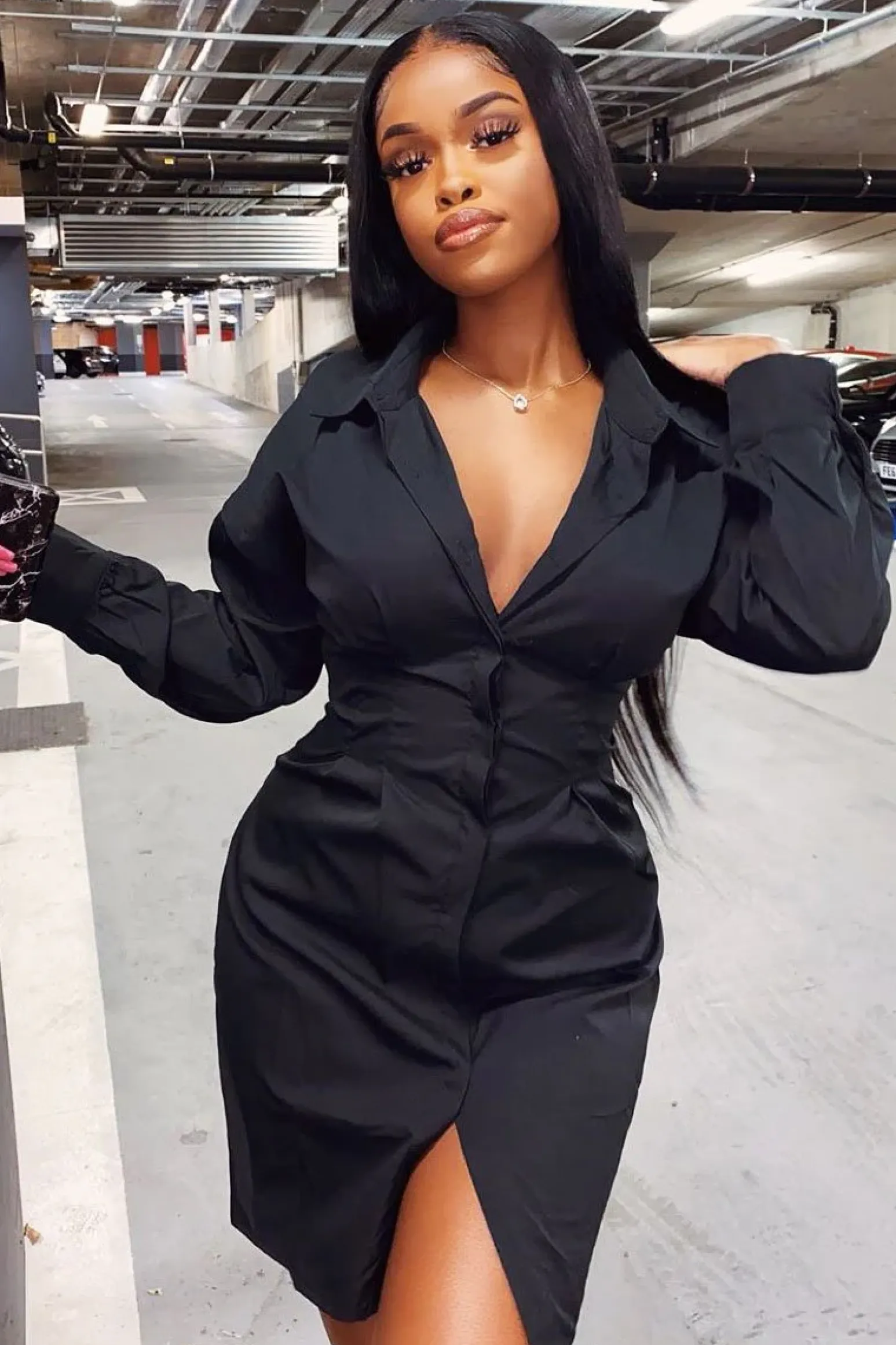 Rebellious Fashion Black Corset Back Tailored Shirt Dress - Damoni