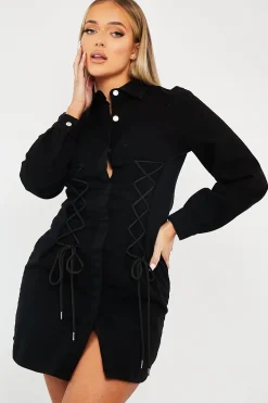 Rebellious Fashion Black Corset Lace Front Denim Mini Dress - Galya
