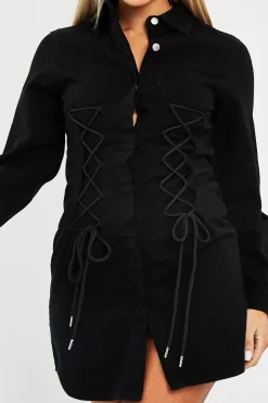 Rebellious Fashion Black Corset Lace Front Denim Mini Dress - Galya