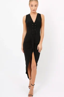 Rebellious Fashion Black Corset Slit Maxi Dress - Alexus