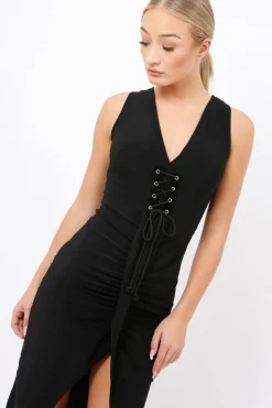Rebellious Fashion Black Corset Slit Maxi Dress - Alexus