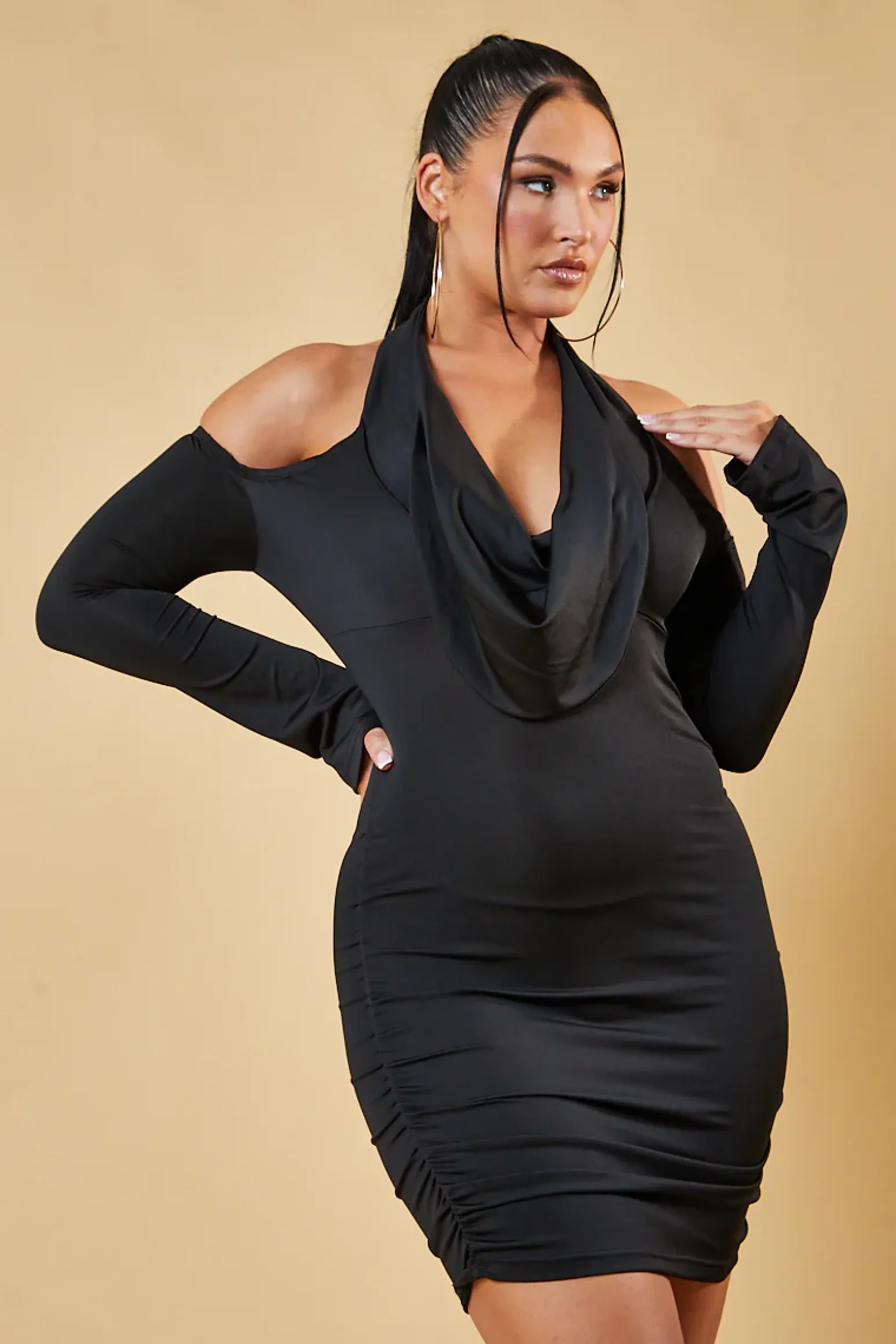 Rebellious Fashion Black Cowl Neck Off Shoulder Mini Dress - Elsie