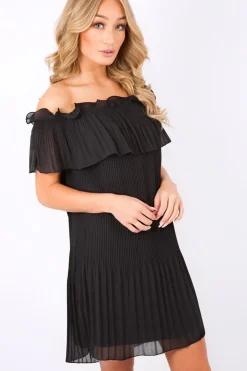 Rebellious Fashion Black Crinkle Bardot Ruffle Trim Dress - Kelsey