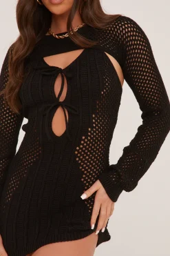 Rebellious Fashion Black Crochet Tie Front Long Sleeve Mini Dress - Kylar