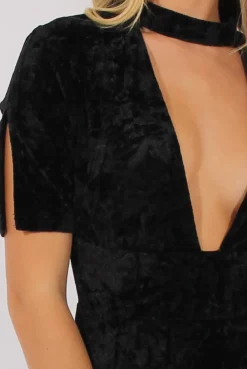 Rebellious Fashion Black Crushed Velvet Choker Plunge Dress - Sonia