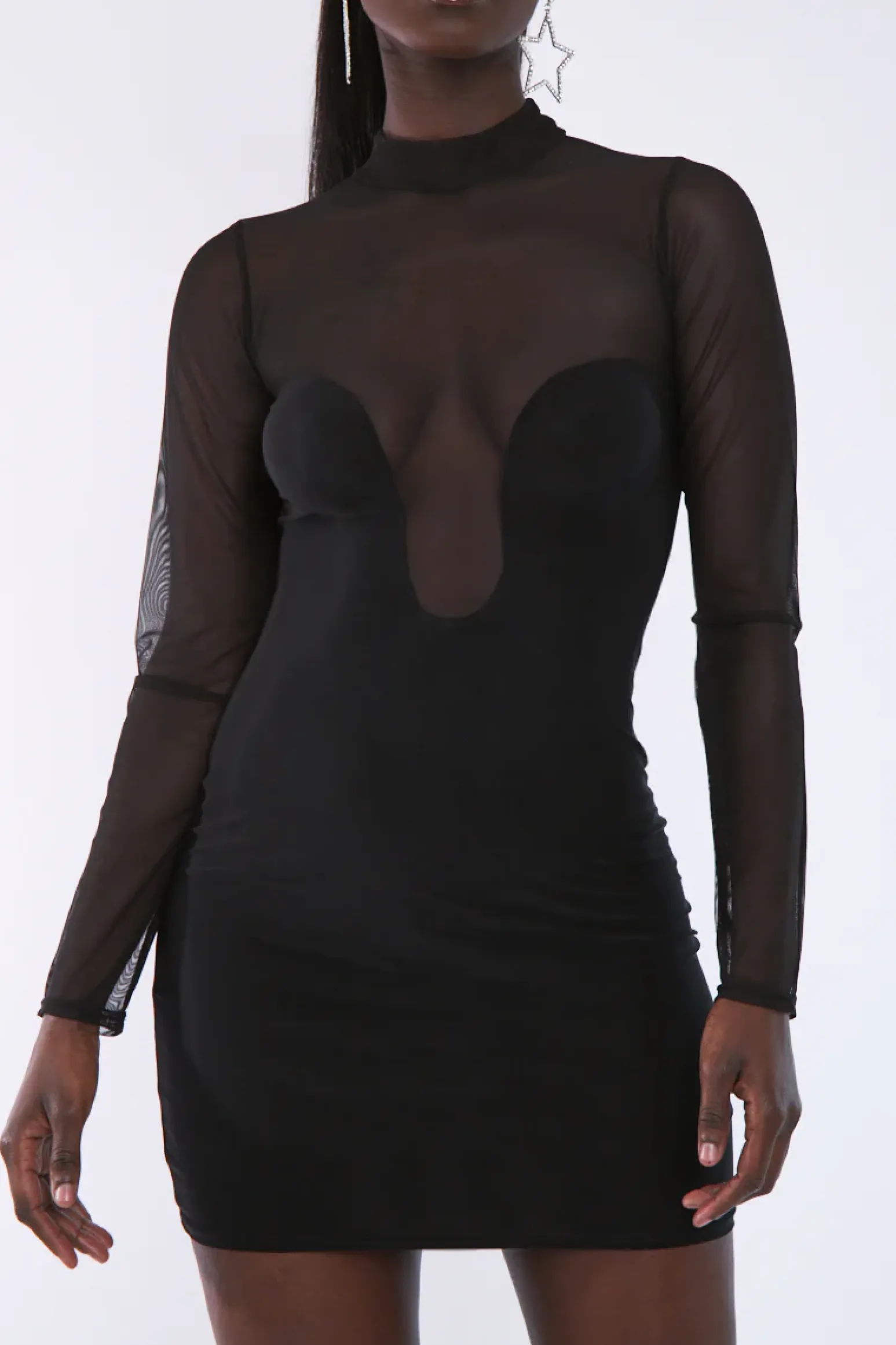 Rebellious Fashion Black Curved Bust Mesh Detail Dress - Emmy