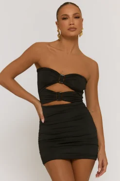 Rebellious Fashion Black Cut Out Buckle Detail Bandeau Mini Dress - Ulyana