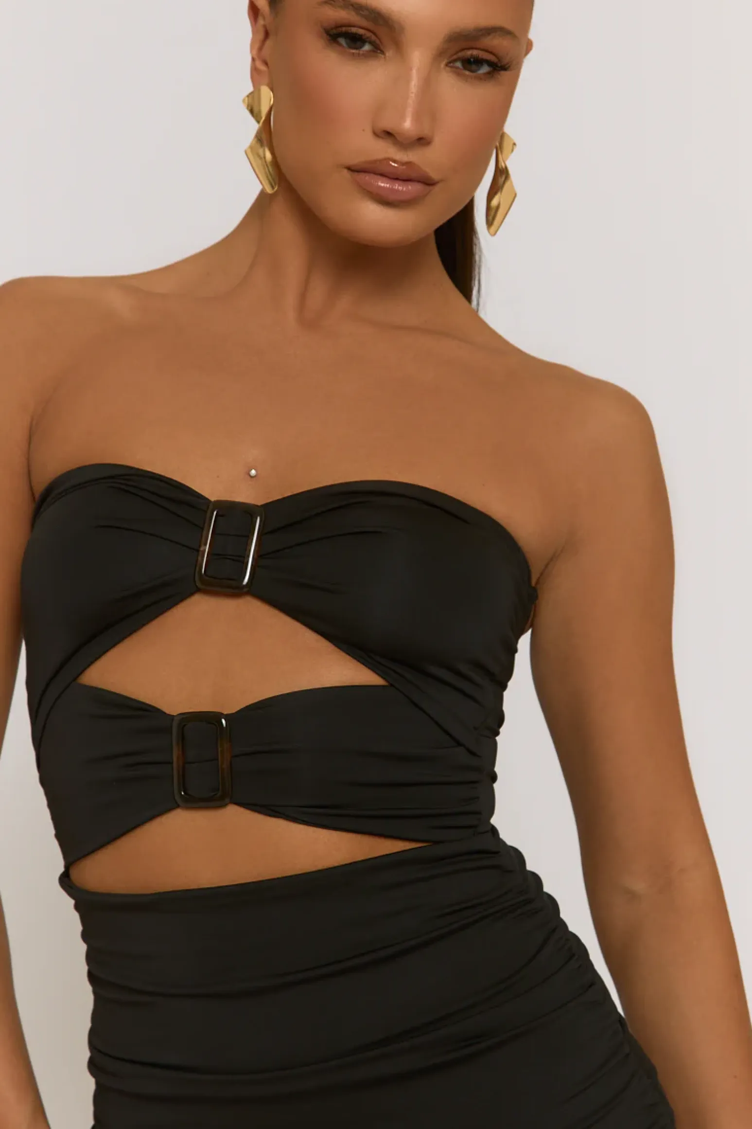 Rebellious Fashion Black Cut Out Buckle Detail Bandeau Mini Dress - Ulyana