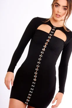 Rebellious Fashion Black Cut Out Eyelet Front Bodycon Dress - Staci