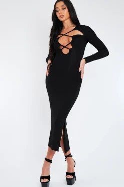 Rebellious Fashion Black Cut Out Neck Side Slit Midi Dress - Miriam