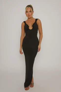 Rebellious Fashion Black Cut Out Plunge Back Maxi Dress - Caterina