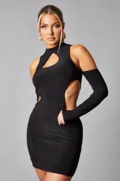 Rebellious Fashion Black Cut Out Waist Cold Shoulder Mini Dress - Alira