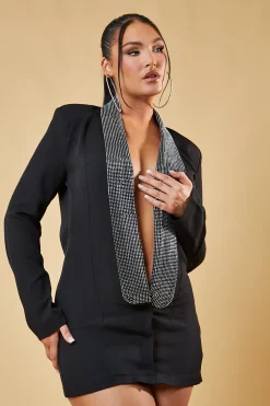 Rebellious Fashion Black Diamante Open Back Blazer Dress - Natalie