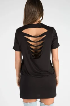 Rebellious Fashion Black Distressed Back Detail Graphic T Shirt Dress - Emma